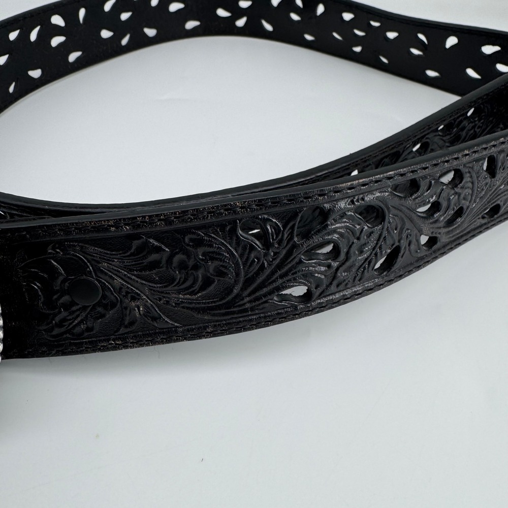 Tony Lama Size 34 Ornate Silver Scroll Buckle Black Cutout Western Belt - Picture 3 of 10